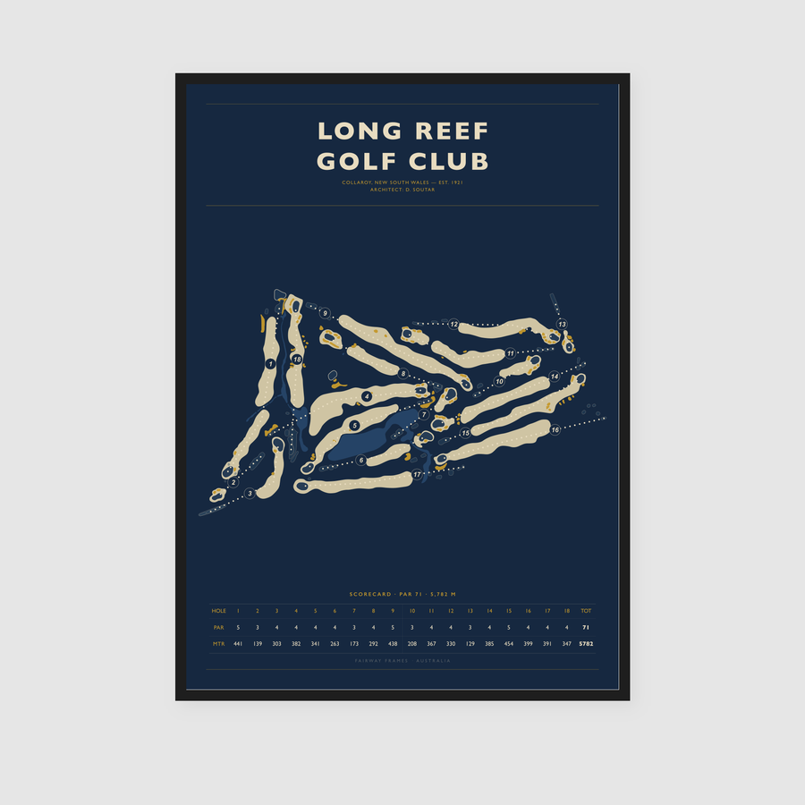 Framed Long Reef Golf Club map print in a home interior